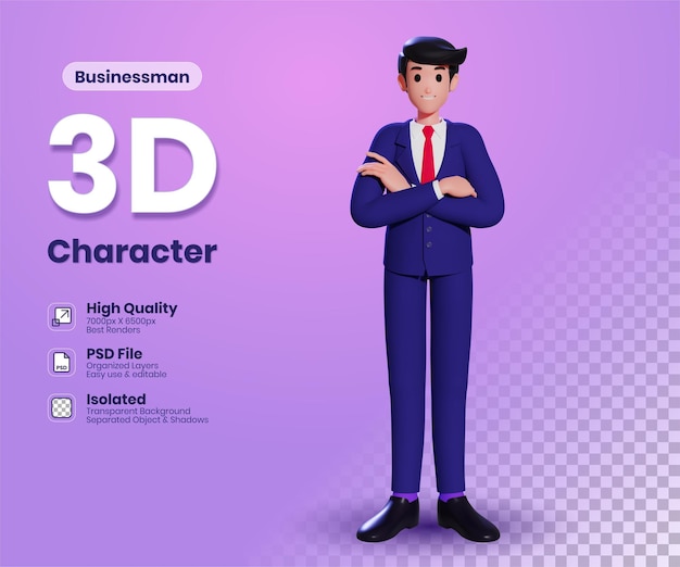 Homme d'affaires en costume formel debout avec les bras croisés sur la poitrine ou illustration 3d pliée