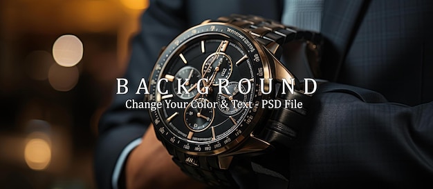 PSD un homme d'affaires en costume noir regarde sa montre pour voir l'heure.