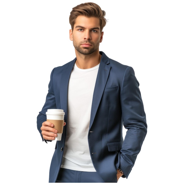 Un homme d'affaires en costume et en T-shirt blanc tient une tasse de café, va te détourner.