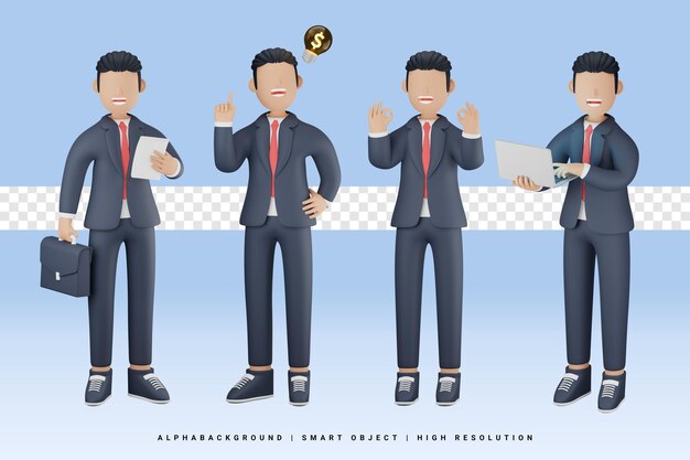 PSD homme d'affaires avec différents gestes illustration de personnage 3d