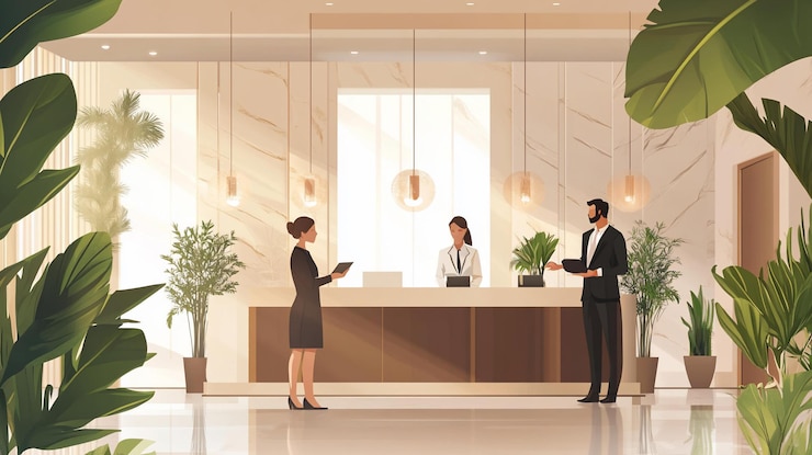 PSD un homme d'affaires et une femme d'affaires s'enregistrent à la réception d'un hôtel moderne avec un personnel amical.