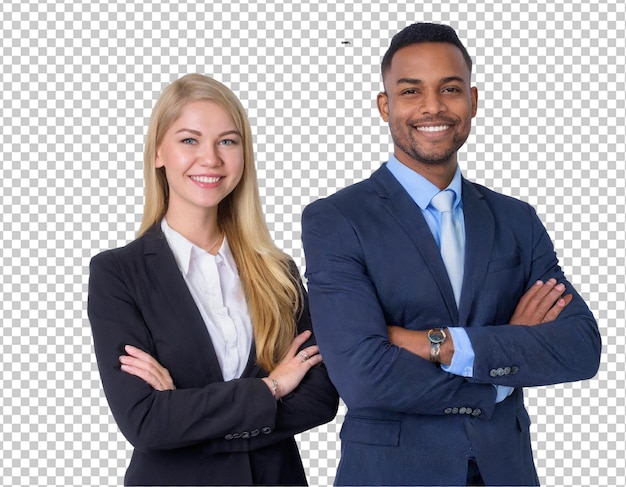 Un homme d'affaires et une femme d'affaires se tiennent les bras croisés et souriant.