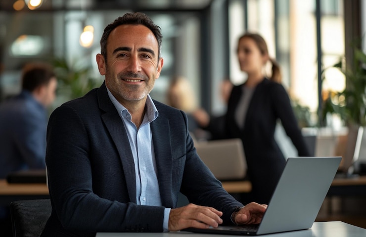 PSD un homme d'affaires heureux assis à son bureau avec un ordinateur portable et regardant la caméra tout en étant un employé de bureau debout