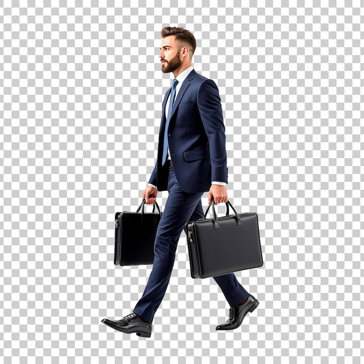 PSD homme d'affaires marchant avec une mallette dans un costume bleu marin sur un fond transparent