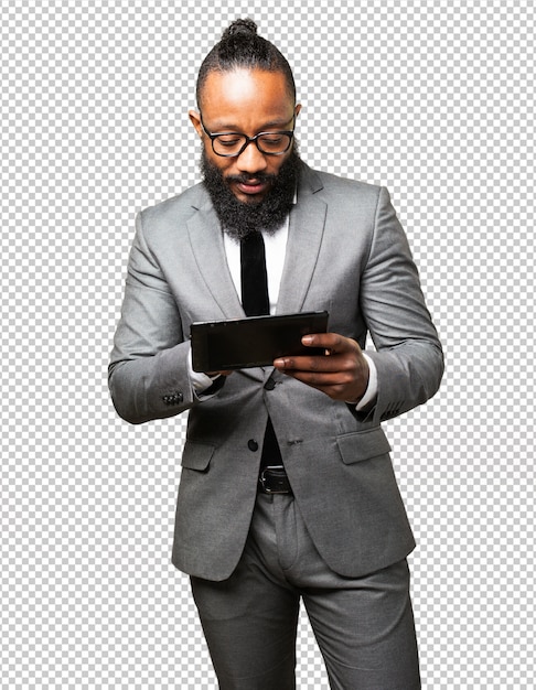 Homme d'affaires noir avec une tablette