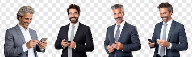 Homme d'affaires professionnel caucasien avec un téléphone sur le fond de la transparence PSD