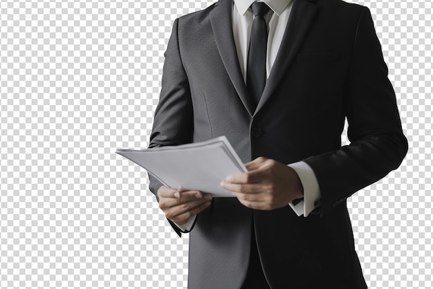 homme d'affaires tenant du papier sur un fond blanc isolé