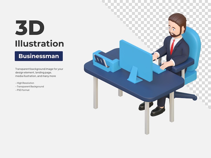 PSD homme d'affaires travaillant devant l'ordinateur vue isométrique illustration de personnage 3d