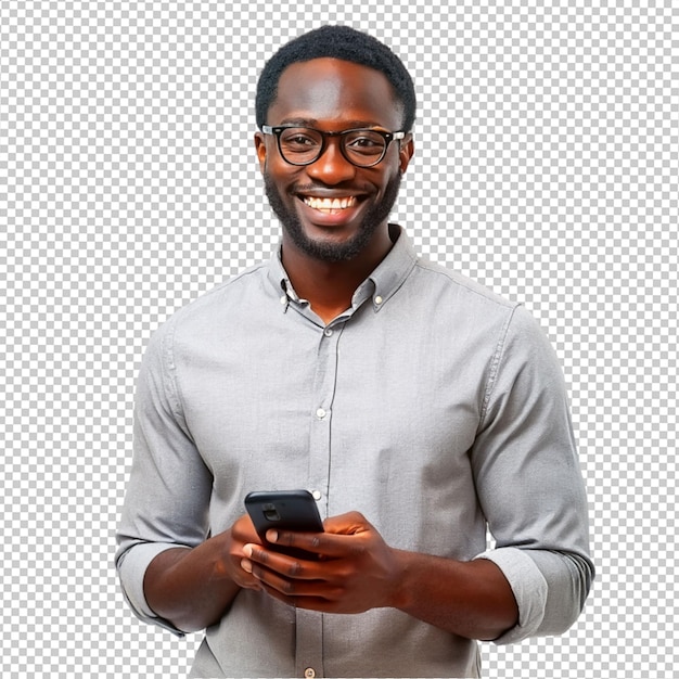 PSD un homme africain portant des lunettes et tenant un téléphone intelligent sur un fond transparent