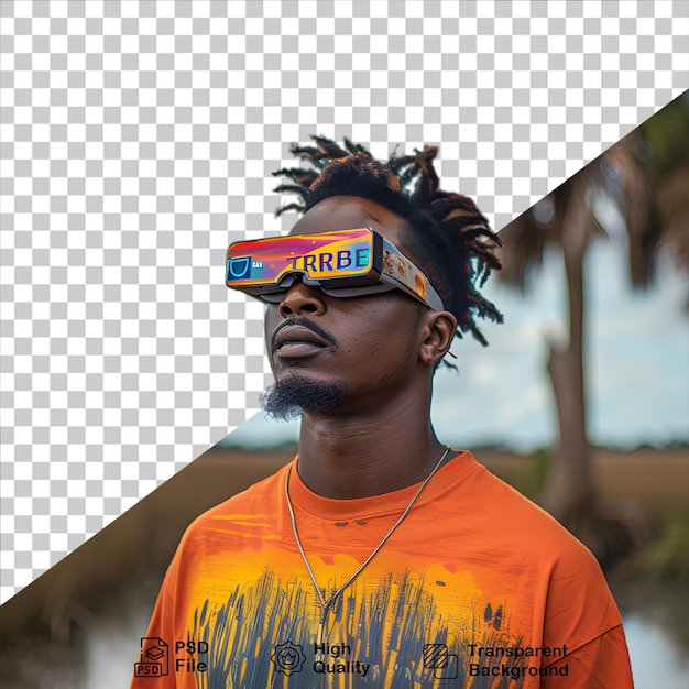 PSD un homme africain utilisant la réalité virtuelle isolé sur un fond transparent inclut un fichier png