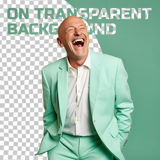 PSD un homme âgé aux cheveux chauves d'origine scandinave vêtu d'une tenue de directeur de la publicité pose dans un style de rire ludique sur un fond vert pastel