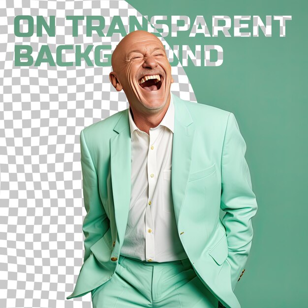 Un Homme âgé Aux Cheveux Chauves D'origine Scandinave Vêtu D'une Tenue De Directeur De La Publicité Pose Dans Un Style De Rire Ludique Sur Un Fond Vert Pastel