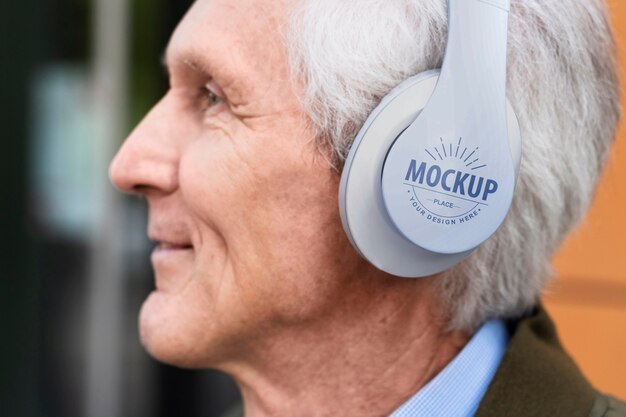 PSD homme âgé avec un casque maquette