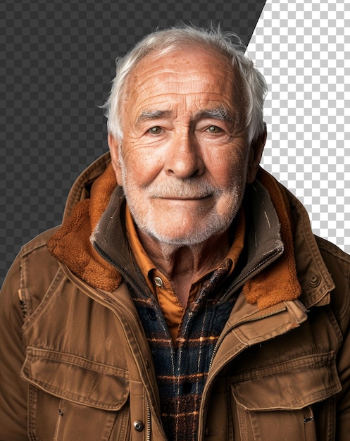 PSD un homme âgé avec une expression gentille portant une veste chaude sur un fond transparent.