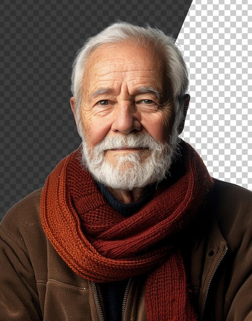 PSD homme âgé avec un foulard chaud et une veste sur un fond transparent