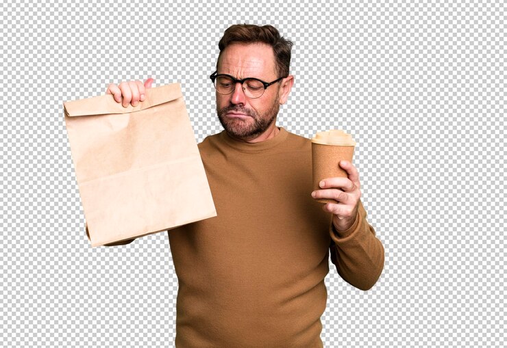 PSD homme d'âge moyen avec un concept d'entraîneur de sport de café à emporter avec un ballon de football