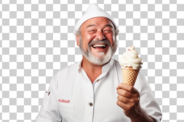 Homme D'âge Moyen Avec Une Crème Glacée De Cornet Sur Un Fond De Clé Chrome Isolé