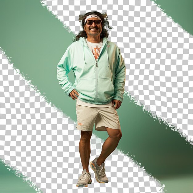 PSD un homme d'âge moyen optimiste aux cheveux longs d'origine ethnique d'asie de l'est vêtu d'une tenue de marathon pose dans un style debout avec un pied en avant sur un fond vert pastel