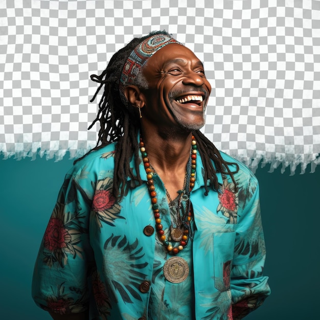 Un Homme D'âge Moyen Perplexe Aux Cheveux Longs D'origine Africaine Vêtu D'une Tenue De Souvenirs De Scrapbooking Pose Dans Un Style Eyes Closed With A Smile Sur Un Fond Pastel Teal