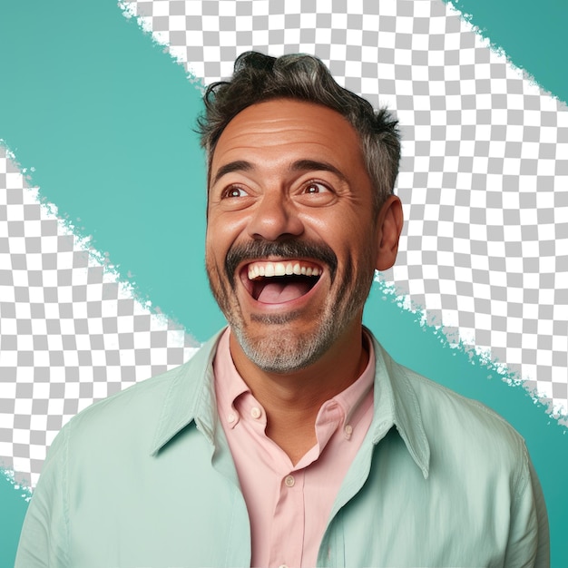 Un homme d'âge moyen ravi aux cheveux courts de l'origine hispanique vêtu d'une tenue nutritionniste pose dans un style dramatique regardant vers le haut sur un fond turquoise pastel