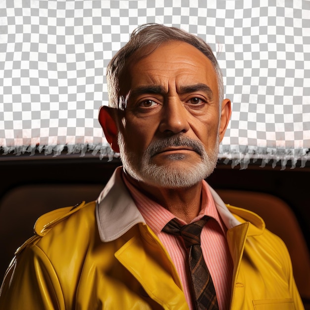 PSD un homme âgé nostalgique aux cheveux courts d'origine ethnique du moyen-orient vêtu d'une tenue de chauffeur de taxi pose dans un style soft gaze avec tête inclinée sur un fond pastel citronné