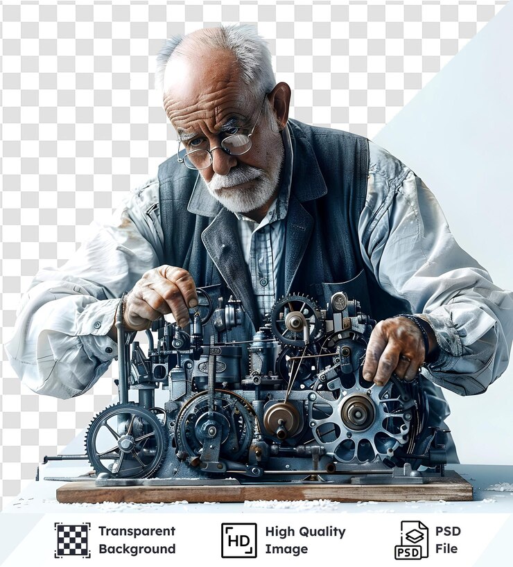 PSD un homme âgé régle soigneusement les engrenages d'une machine complexe, un mécanisme complexe, sur un psd transparent