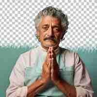 PSD un homme âgé repentant aux cheveux bouclés d'origine hispanique vêtu d'une tenue de cuisine pose dans un style assis avec les mains serrées sur un fond de menthe pastel