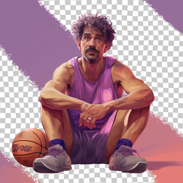 Un Homme Anxieux D'âge Moyen Aux Cheveux Bouclés De L'origine Ethnique D'asie Du Sud-est Vêtu D'une Tenue De Basket-ball Pose Dans Un Style Assis Les Jambes Croisées Sur Le Sol Contre Un Mauve Pastel B