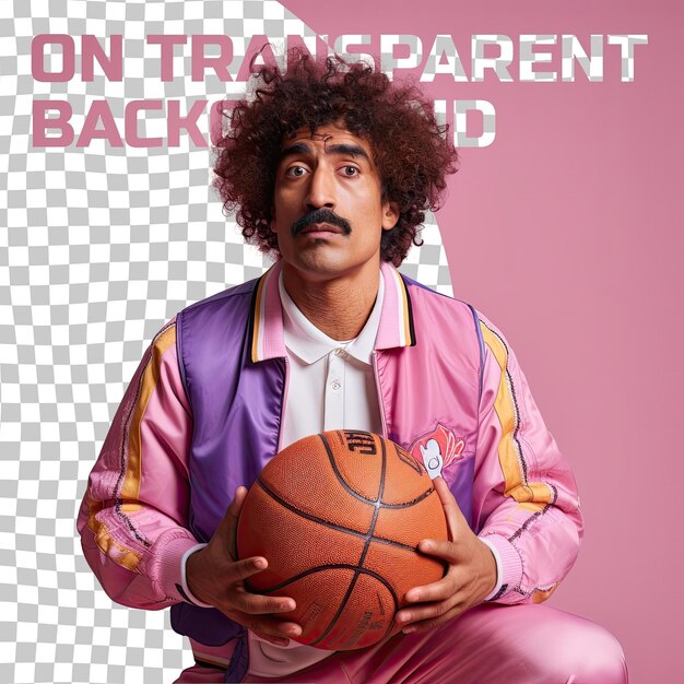 Un Homme Anxieux D'âge Moyen Aux Cheveux Bouclés De L'origine Ethnique D'asie Du Sud-est Vêtu D'une Tenue De Basket-ball Pose Dans Un Style Assis Les Jambes Croisées Sur Le Sol Contre Un Mauve Pastel B