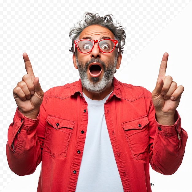 PSD homme arabe d'âge moyen portant des lunettes rouges de mode sur fond isolé étonné et surpris regardant et pointant avec les doigts et les bras levés