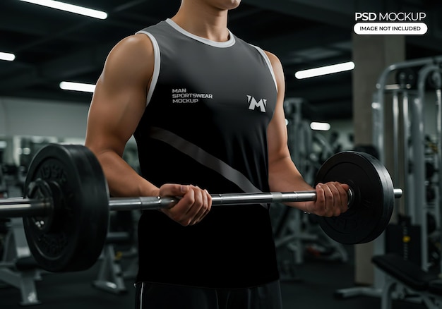 Homme athlétique en salle de sport soulevant des poids Design de maquette de vêtements de sport