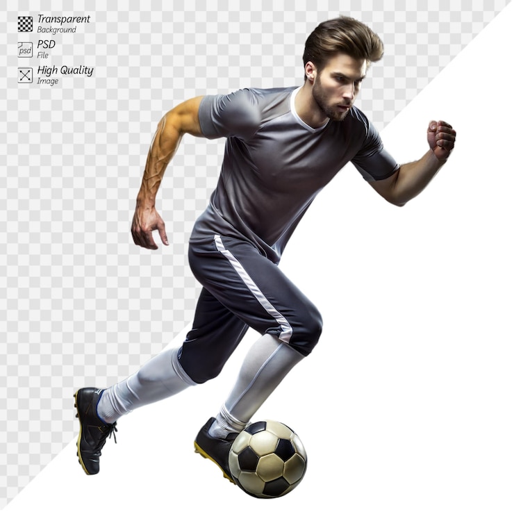 PSD un homme athlétique en vêtements de sport contrôlant habilement un ballon de football
