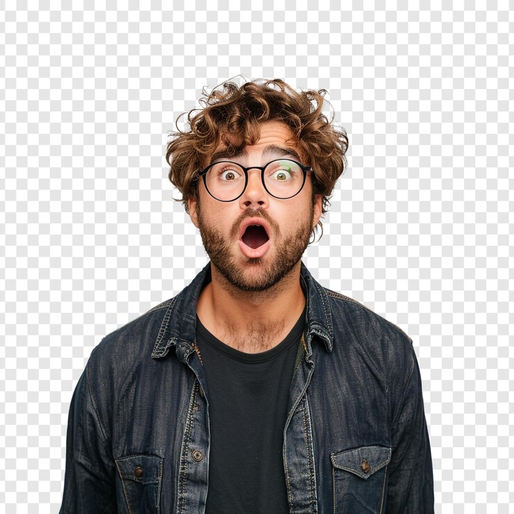 PSD l'homme aux cheveux bouclés et aux lunettes a l'air choqué.