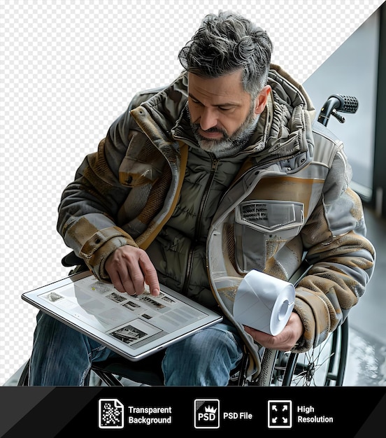 Un Homme Aux Cheveux Gris Et à La Barbe Grise Est Assis Dans Un Fauteuil Roulant Noir En Utilisant Un Ordinateur Portable Argenté Tout En Portant Des Jeans Bleus.