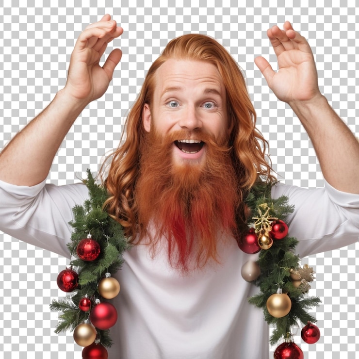 PSD un homme avec une barbe et une moustache portant une chemise blanche et une chemise blanc avec des flocons de neige sur elle
