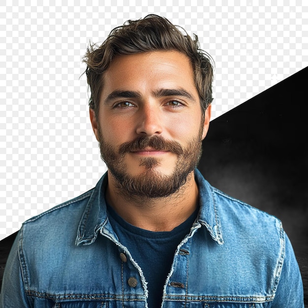 un homme avec une barbe et une moustache porte une veste en jean