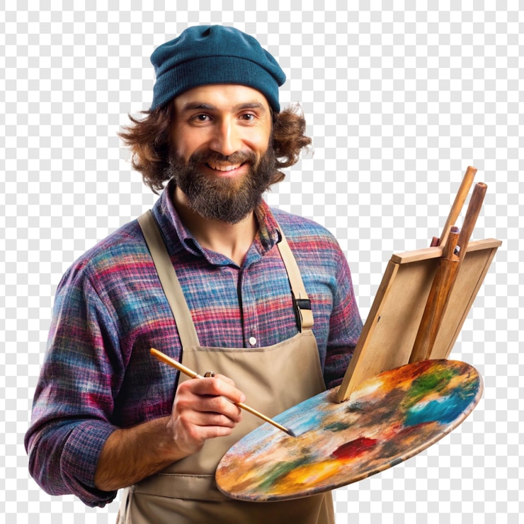 PSD un homme avec une barbe tient un pinceau et une image d'une peinture