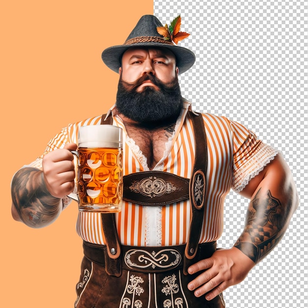 PSD un homme bavarois en lederhosen traditionnel tenant une tasse de bière thème de l'oktoberfest