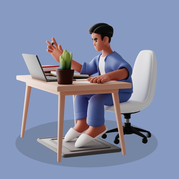 Homme en bleu travaillant sur un ordinateur portable à un bureau