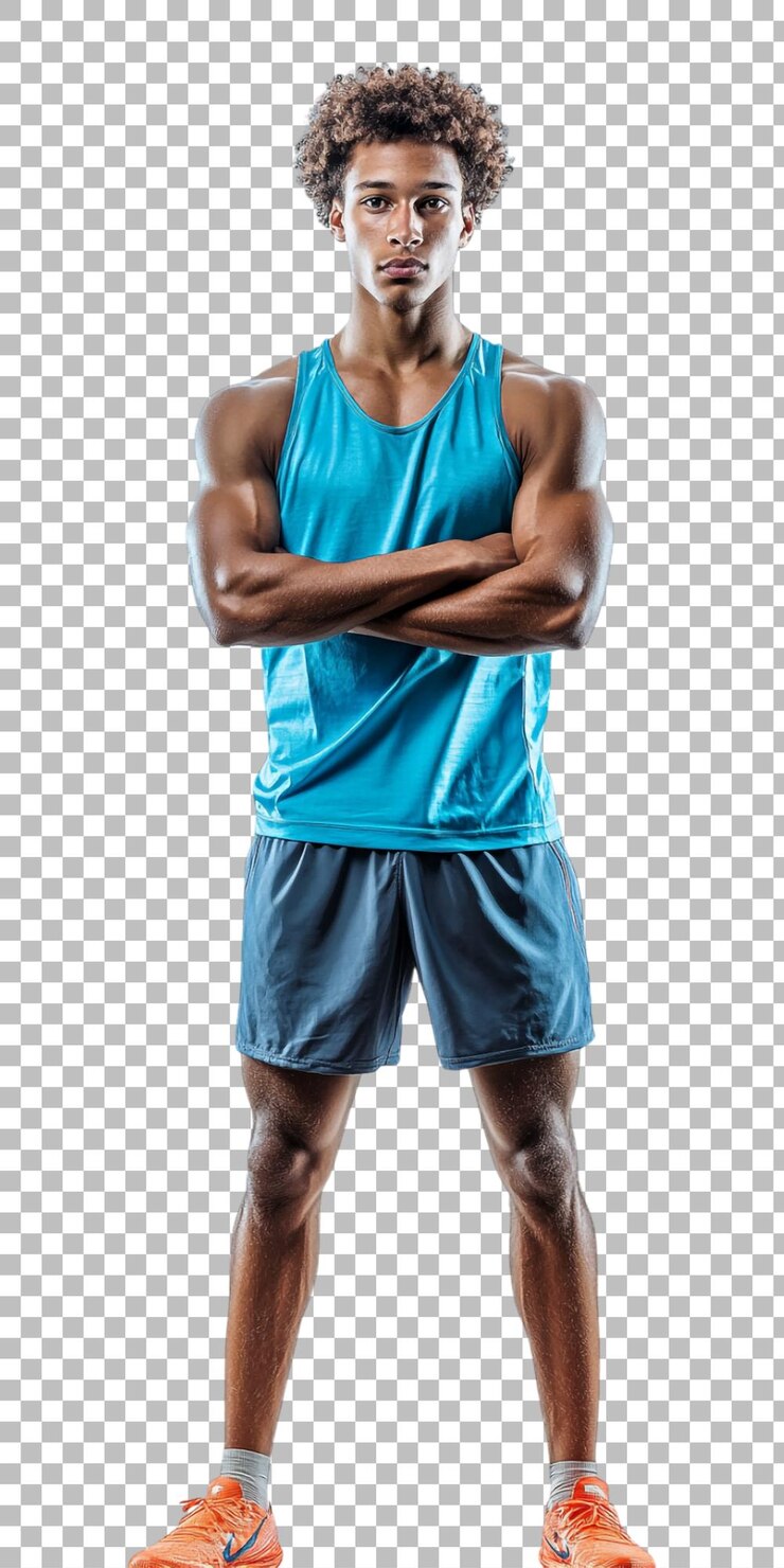 PSD un homme avec les bras croisés et un tank top bleu avec une chemise qui dit gymnase