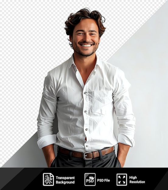 Homme Brunette Heureux Portant Des Vêtements Formels Souriant à La Caméra Avec Les Mains Dans Les Poches Debout Devant Un Mur Blanc Il Porte Une Chemise Blanche Pantalon Noir Et Une Ceinture Brune Png Psd