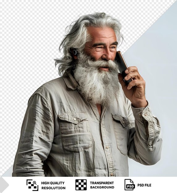 PSD un homme calme aux cheveux gris et à la barbe qui appelle sur son smartphone png psd