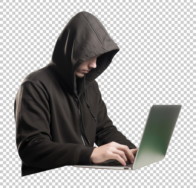 PSD homme à capuche utilisant un ordinateur portable ou un pirate informatique isolé sur fond transparent