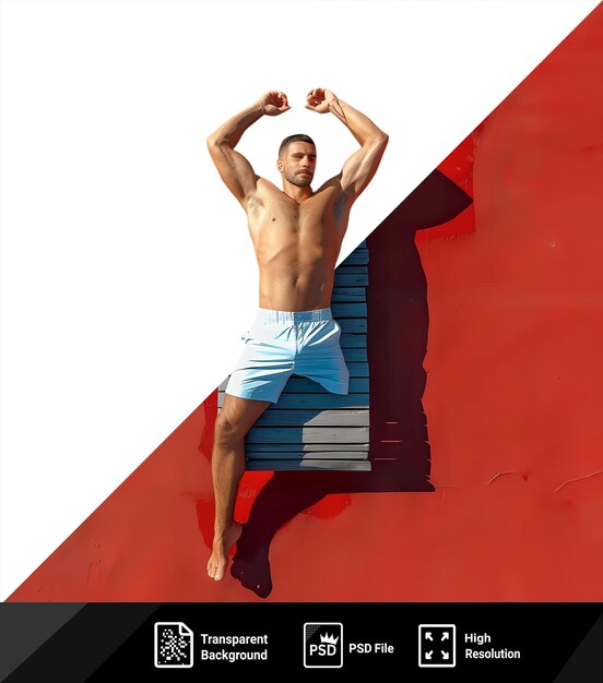 Un Homme Caucasien Musclé Appréciant Son Repos En Plein Air Devant Un Mur Rouge Avec Ses Pieds Nus Et Ses Jambes Visibles Et Une Ombre Sombre Projetée Derrière Lui Png Psd