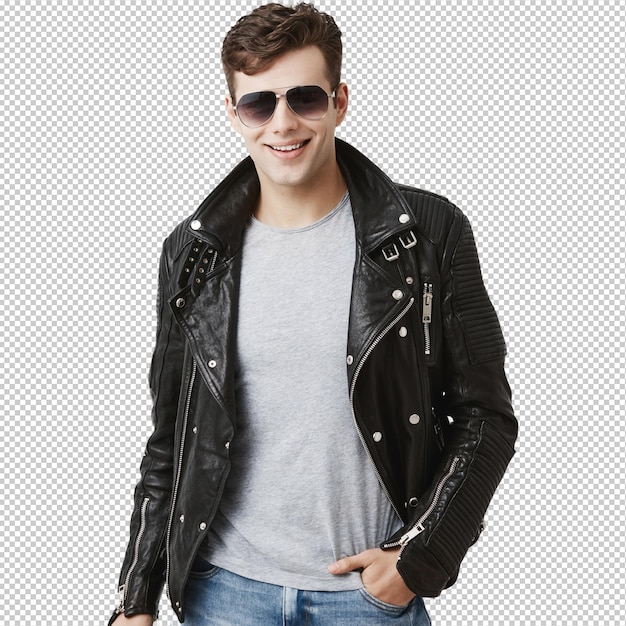 Homme caucasien avec un regard attrayant souriant largement avec des dents blanches et régulières posant à l'intérieur Homme élégant et attrayant avec une coupe de cheveux à la mode vêtu d'une veste en cuir noire avec des lunettes de soleil