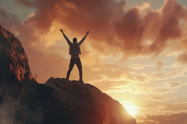 PSD un homme célèbre la victoire au sommet d'une montagne au coucher du soleil.
