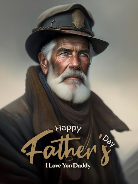 Un homme avec un chapeau et une barbe se tient devant une affiche qui dit bonne fête des pères