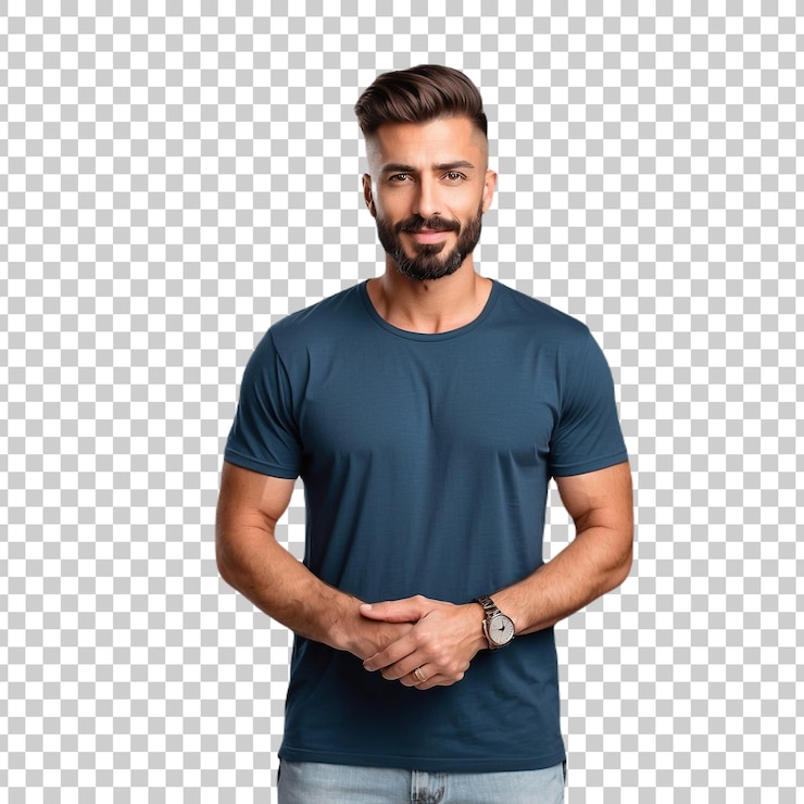 PSD un homme avec une chemise bleue qui dit "il sourit"