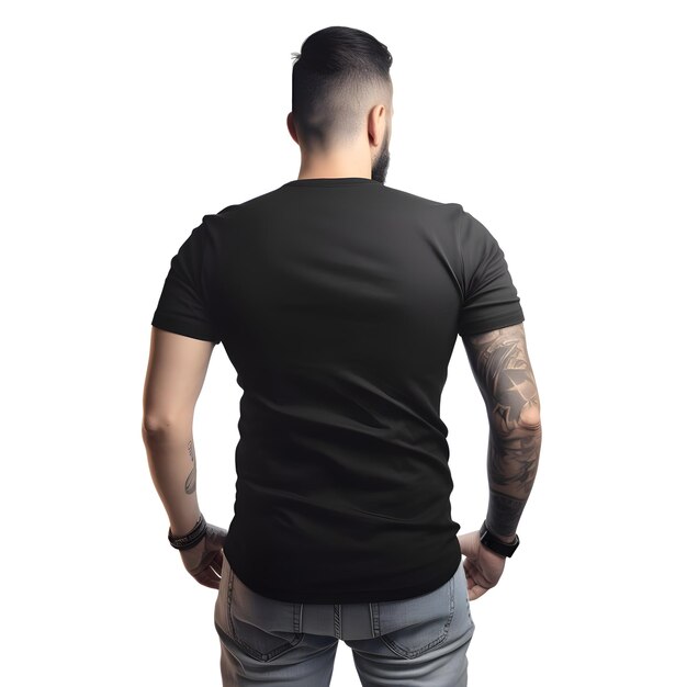 PSD homme en chemise noire avec un tatouage sur son bras isolé sur fond blanc