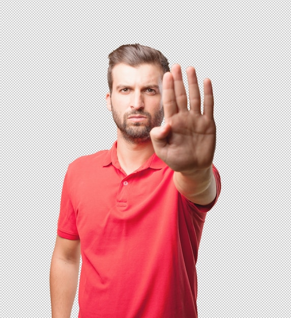 PSD homme en chemise rouge, faisant le panneau d'arrêt